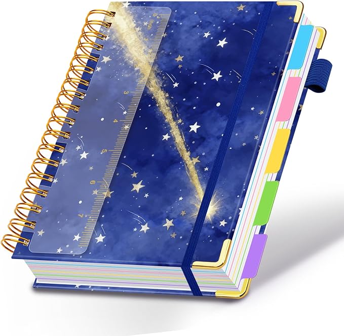 Spiral Journal Notebooks for Work, 300 Pages 5 Subject Notebook College Ruled with Dividers & Tabs, A5 Notebook Journal for Women Students Note-Taking and Organizer (Starlit Meteor)