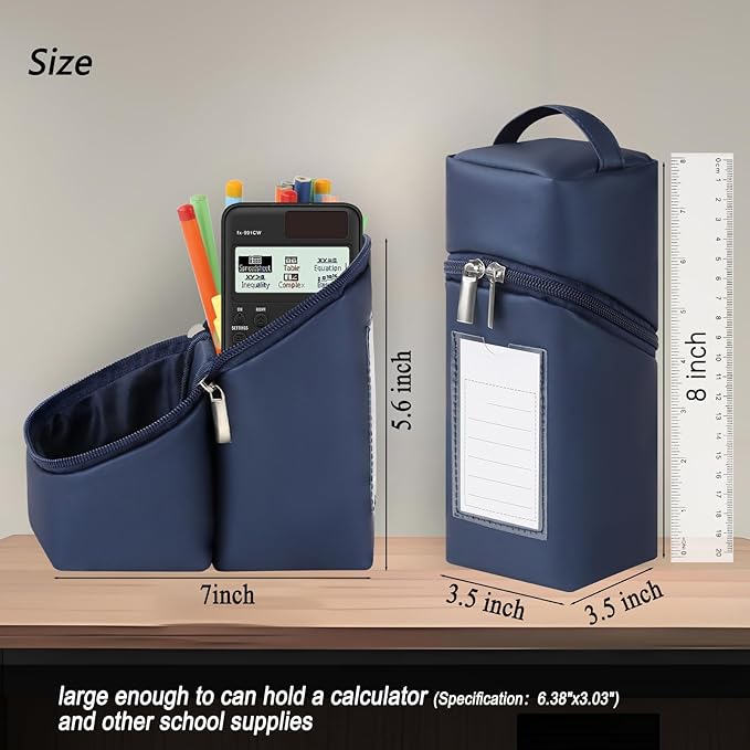 Standing Aesthetic Pencil Case Pouch Large Capacity Preppy for Teen Girls,Double Zipper with Handle Multi Compartments Organizer Navy Blue