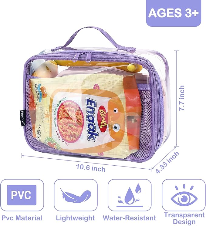 FlowFly Kids Lunch box Insulated Soft Bag Mini Cooler Back to School Thermal Meal Tote Kit for Girls, Boys,ClearPurple