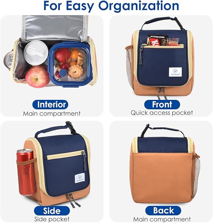 Genteen Kids Lunch Box, Insulated Lunch Bag for Kids, Toddler, Girl, and Boy; Holds Lunch Box, Water Bottle, & Snacks; Easy-Clean Water-Resistant Fabric & Multiple Zippered Pockets (Orange Blue)