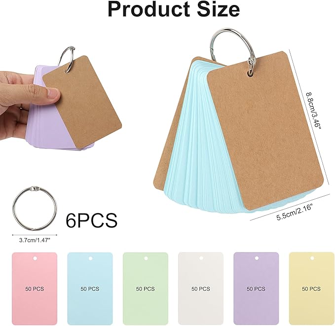 300 Sheets Blank Index Cards with Binder Ring, 6 Packs 3.54 * 2.13 Inch Colored Kraft Note Cards for Studying, Flash Card for Home, School and Office Learning and Memory