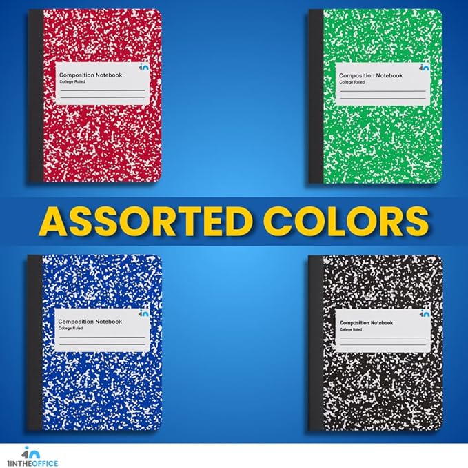 1InTheOffice College Ruled Composition Notebook, Hard Cover Notebook, Marble Composition Notebook, 7.5" x 9.75", 100 Sheets, Assorted colors, 6 Pack