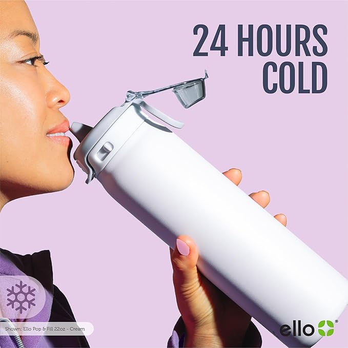 Ello Pop & Fill 22oz Stainless Steel Water Bottle with Quick Fill Technology, Double Walled and Vacuum Insulated Metal, Leak Proof Locking Lid, Sip and Chug, Reusable, BPA Free, Mauve