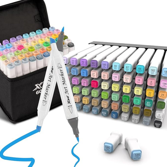 Alcohol Markers,60 Colors Dual Tip Brush & Chisel Tip Art Marker Set,for Blending & Shading,Ideal for Coloring Books and Professional Artwork,Includes Blender Pen & Portable Case,Ideal for All Ages