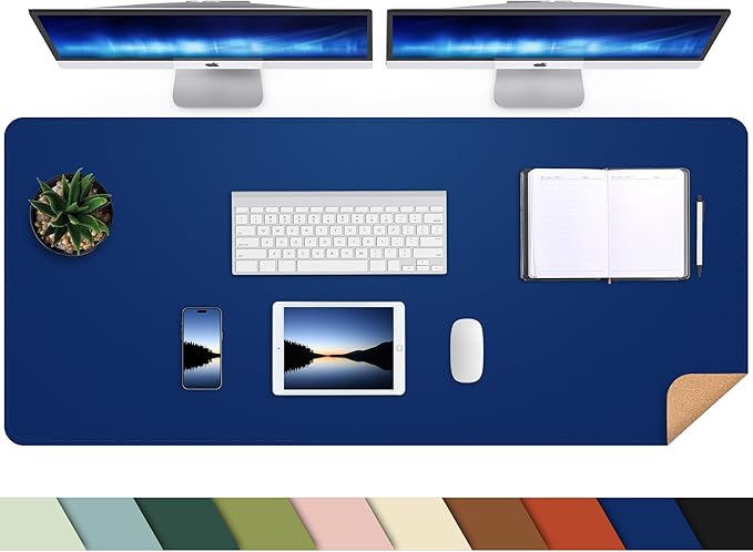 AFIING Leather Desk Pad Protector, Large Desk Mat with Natural Cork & PU Leather, Mouse Pad, Non-Slip, Waterproof Desk Writing Pad for Office and Home, Sapphire Blue