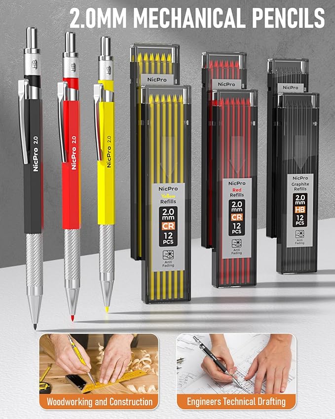 Nicpro 28 Pack Carpenter Pencil Set with Sharpener, Mechanical Carpenter Pencils with 127PCS Refills and Carbide Scribe Tool, Heavy Duty Construction Pencils for Architect Woodworking-With Canvas Case