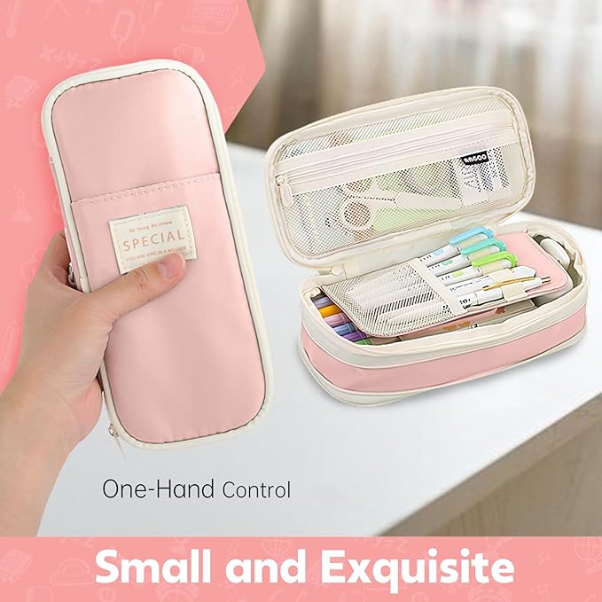 PUPTILY Pencil Case, Large Capacity Aesthetic Pencil Cases with Durable Zipper, Big Stationery Pencil Pouch for Women & Men, Adults Portable Storage Organizer Bag for College, office, Travel (Pink)
