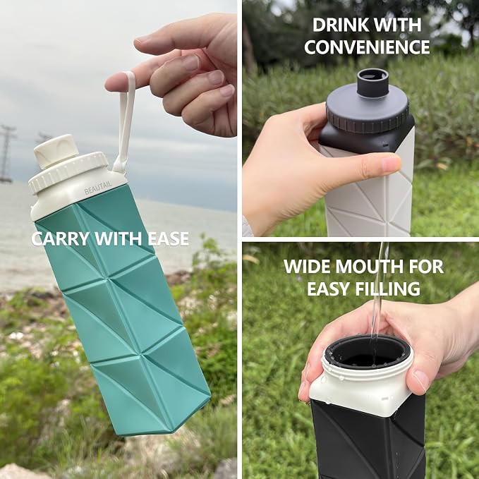 BEAUTAIL Collapsible Water Bottles 21 oz, Silicone Portable Water Bottle | BPA Free, Leakproof & Reusable, Foldable Water Bottle for Travel, Hiking, Camping, Cycling, School, Gym, 1-Pack, Blue