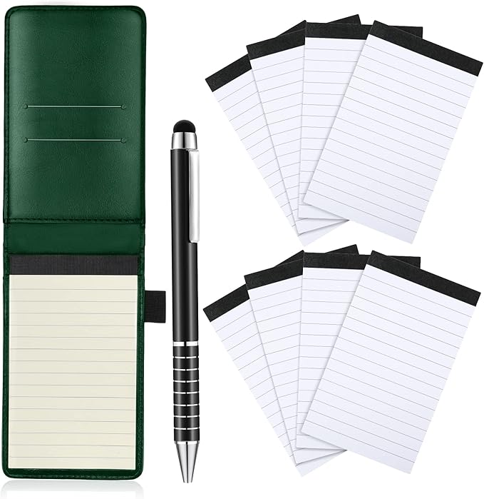 Outus 10 Pcs Mini Pocket Notepad Holder Set Included Small Leather Pocket Notebook Holder with 50 Lined Sheets, Metal Pen, 8 Pcs 3 x 5 Inch Memo Book Refills, 30 Lined Paper Per Note Pad (Green)