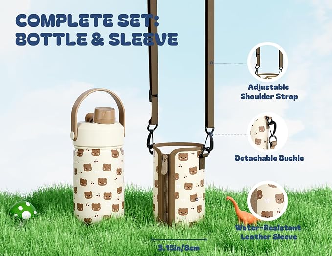 12 oz Kids Stainless Steel Water Bottle: 2-in-1 Straw Spout Lid, Leakproof, BPA-Free, Easy Clean, Keep Cold 24H, Cute Patterns, Stainless Steel Cup for School, Trip, Playtime, Gift (Snuggleberry Bear)