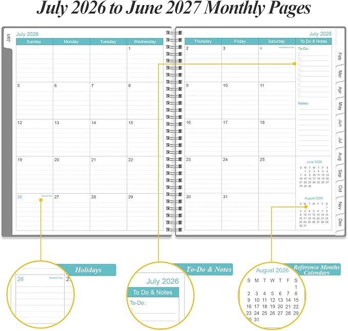 2026-2027 Planner - Planner 2026-2027 from July 2026 to June 2027 with 12 Monthly Tabs, Flexible Cover, Inner Pocket, 8.5" x 11", Grey-B
