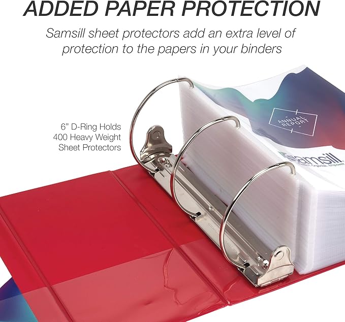 Samsill Durable 6 inch 3 Ring Binder, Locking D Ring Binder, Customizable Clear View Cover, Red, 2-Pack, Holds 1225 Pages