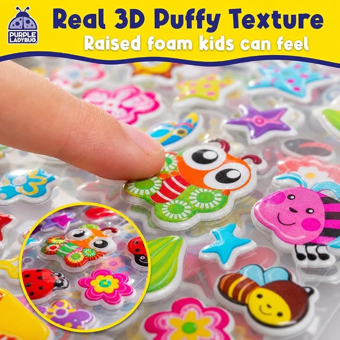 Purple Ladybug 1900+ Puffy Sticker Collection for Kids 4-8 - 80 Unique Reusable Sheets, Creative 3D Designs - Reward Stickers, Arts & Crafts Set, Travel Activities, Road Trip Essentials & Toys