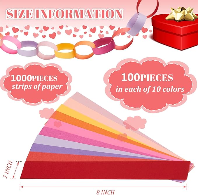 Lincia 600 Sheet Paper Chain Garland Strips 1x8 Inch with Double Sided Tape, DIY Construction Paper Chains for Birthday Wedding Holiday Party Decorations, Crafts Supplies (Valentine)