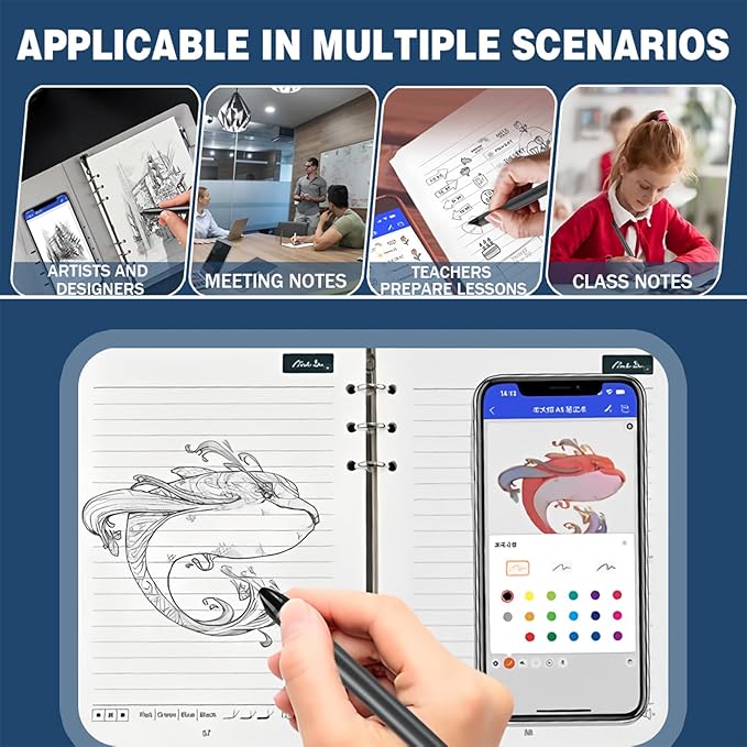 Smart Digital Sketchbook with A5 Erasable Paper Refill + 5 Spare Refills, Intelligent Digital Sketchbook Pro V2, Smart Sync Pen & Notebook, Drawing, Writing, Note-Taking,Black