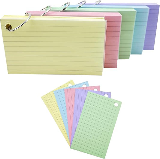 Ruled Index Flash Cards, Neon Colored Lined Index Cards with Rings, Waterproof Covers, Essential for School Study, Family Recipe Recording and Office Work, 3x5 inch, 500 count (Normal)