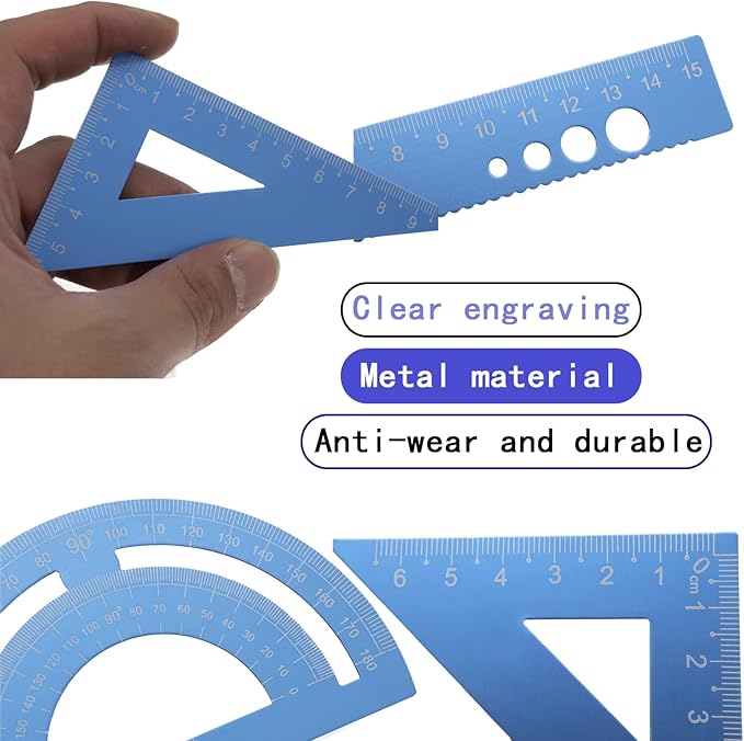 4 Pack Blue Metal Math Geometry Tools Aluminum Alloy Straightedge Triangle Ruler Protractor, Steel Graphic Design Tools Drafting Tool for Student Teacher Metric Drawing and Drafting