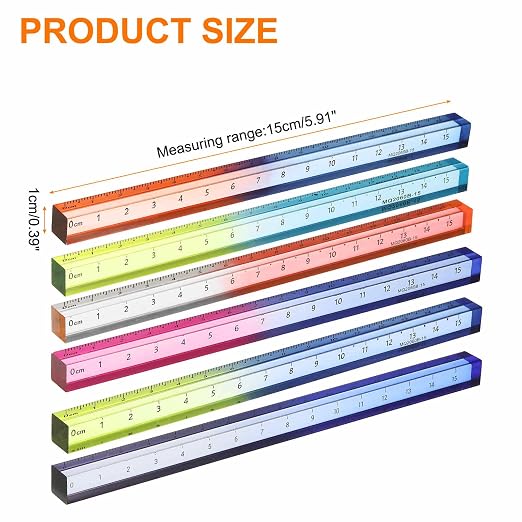 HARFINGTON 6pcs Acrylic Clear Straight Rulers 15cm Metric Transparent Gradient Three-Dimensional Plastic Ruler Square Cube Measuring Tool for Classroom Office, 6 Colors