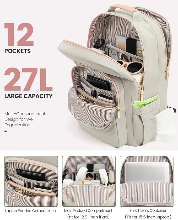 LOVEVOOK Laptop Backpack Purse for Women, Work Travel Computer Bags, College School Backpack for Student Girl, Quilted Casual Daypack with USB Port, Fit 15.6 Inch Laptop, Grey Pink
