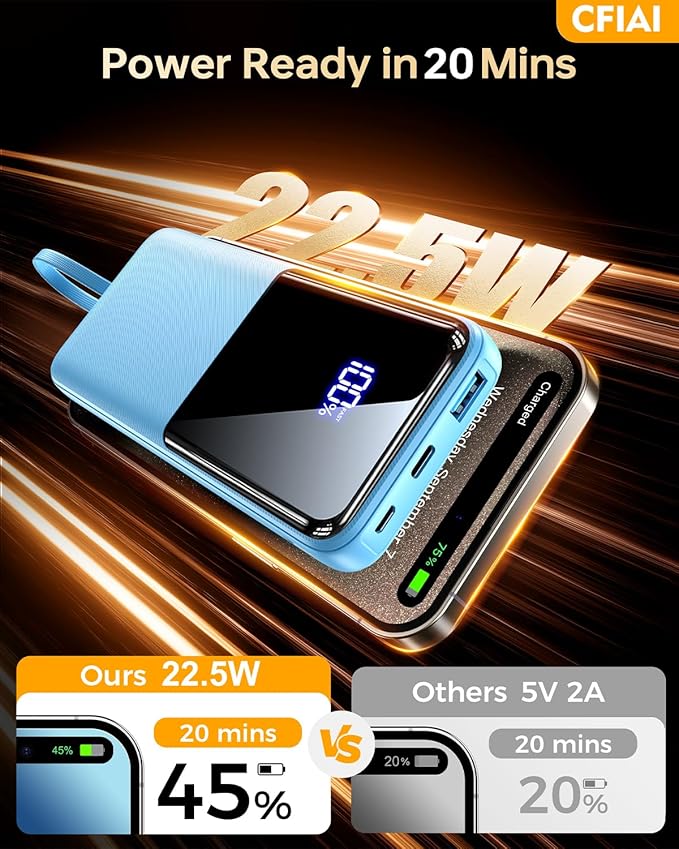 CFIAI Portable Charger Power Bank - 20000mAh Battery Pack Portable Phone Charger with Built in Cable 22.5W Fast Charging Powerbank Compatible with iPhone Android Samsung Phone, Ocean