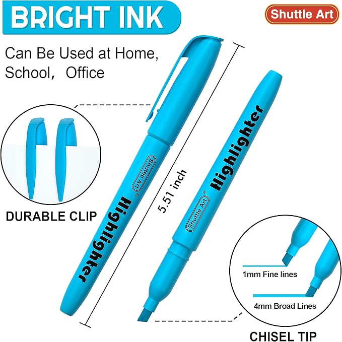 Shuttle Art Highlighters, 30 Pack Blue HighlighterPens Bright Colors, Chisel Tip Dry-Quickly Non-Toxic Highlighter Markers for Adults Teachers Students Highlighting in the Home School Office