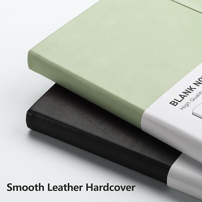 RETTACY Blank Journal Notebook, 2-Pack, 192 Pages per Pack, A5 Medium Size (5.7'' x 8.3''), Leather Hardcover, 100 GSM Thick Paper, for Sketching, Drawing, Painting (Black & Light Green)