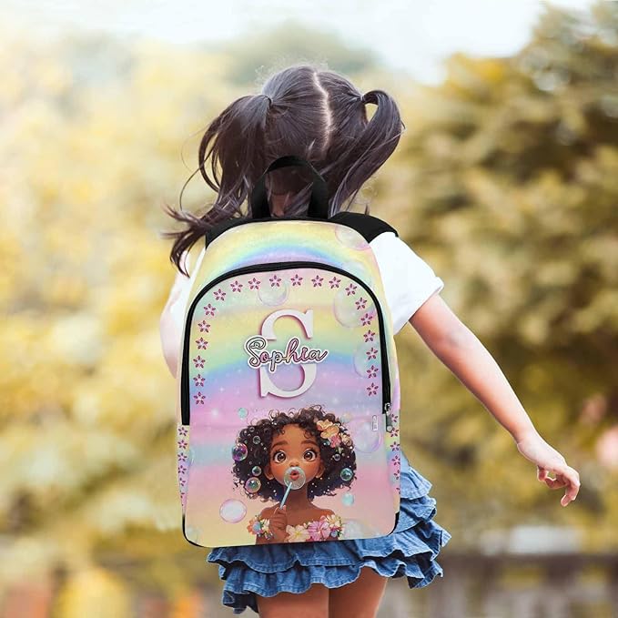 M YESCUSTOM Custom Girls Backpack Lunch Bag Set with Name, Rainbow Personalized Kids Backpack for Girls School Travel Kindergarten Bookbag Pencil Pouch