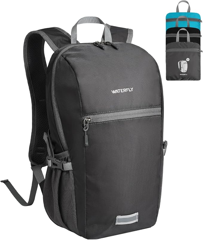 WATERFLY Small Packable Travel Backpack: 10L Ultra-Light Daypack for Adults | 9.2 oz,Water-Resistant Nylon,Breathable Mesh Straps,Reflective Strips,Emergency Whistle,Multi-Pockets,Hiking,Cycling,Commute