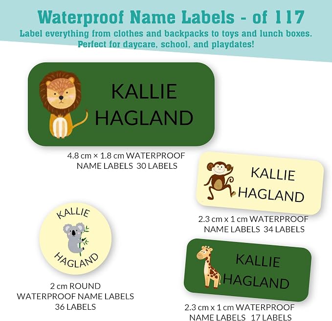 Personalized Daycare Name Labels for Kids (117 Labels) - Custom Durable Waterproof Name Stickers for Clothing Tags, Water Bottles, Lunch Boxes, and School Supplies - Dishwasher, Washer