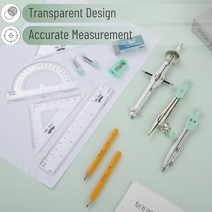 Mr. Pen- Geometry Set, 13 pcs, 3 Metal Compasses, Protractor, 6" Ruler, 45° & 30°/60° Set Squares, Pencils, Lead Refills, Sharpener & Eraser for Math, Drafting & Classroom Use