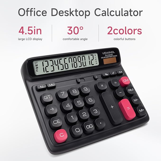 VEWINGL Desktop Calculator with Extra Large LCD Display, 12-Digit Dual Power Solar & Battery Calculator, Big Button Office Calculator for Accounting, Home, School & Business Use (Black)