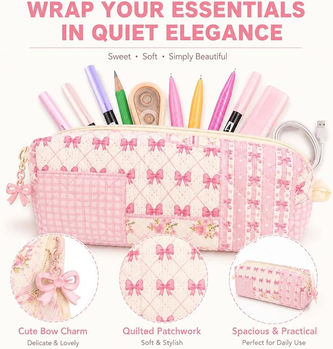 Cute Quilted Pencil Case for Women, Aesthetic Small Floral Pencil Pouch, Slim Soft Pencil Bag for Stationery Supplies & Daily Use（Pink Bow Patchwork）