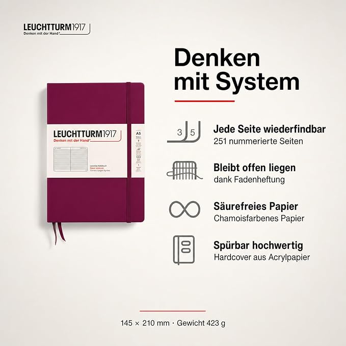 LEUCHTTURM1917 - Notebook Hardcover Medium A5-251 Numbered Pages for Writing and Journaling (Port Red, Ruled)