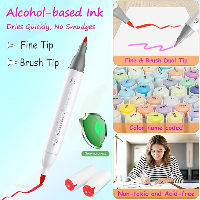 Caliart 180 Colors Alcohol Markers Brush Tip, Dual Tip Artists Coloring Markers Set Brush & Fine, Permanent Alcohol Based Colored Sketch Pens, Art Supplies Gifts for Adults Illustration Drawing