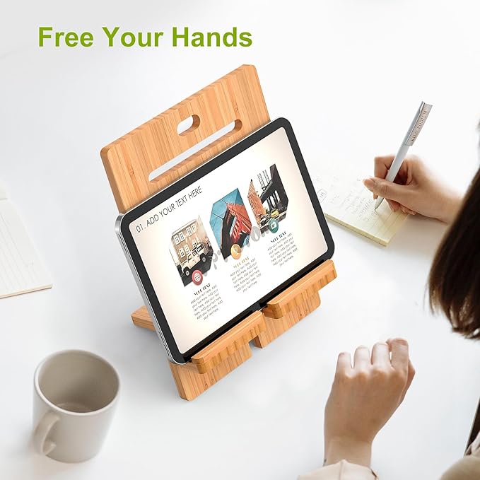 Pezin & Hulin Bamboo Tablet Stand Adjustable, Desktop Cell Phone Stand Holder Dock Compatible with Pad Air/Pro/Mini, E-Reader, Smartphone (Support to 4.7-13" Devices)-Bamboo
