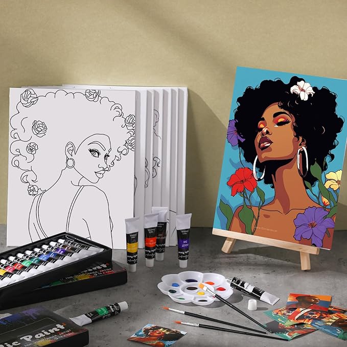 Cholemy 36 Pcs Paint and Sip Kit for Adults 8''x10'' Pre Drawn Canvas for Painting DIY Afro Acrylic Painting Kit Wood Easel Brushes Date Night Bulk for Father's Day Party Gifts(Sunshine Lady)