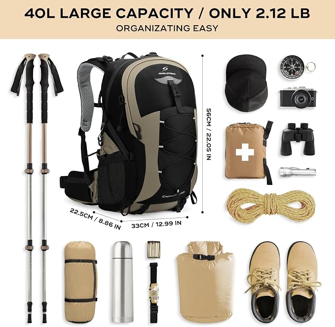 Maelstrom 40L Hiking Backpack, Lightweight Camping Daypack with Rain Cover | Water-Resistant Rip-Stop Nylon, Wet/Dry Separation, Multi-Pockets, Survival Whistle. Ideal For Men, Women, Travel, Trekking