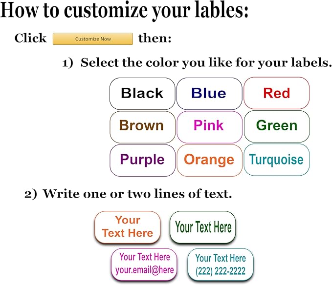 24 Large Personalized Waterproof Name Labels. Press and Stick Multi use Custom Name Labels. Customized 2 Lines of Text and Color. ID Identification Name Stickers with Permanent Self Adhesive.