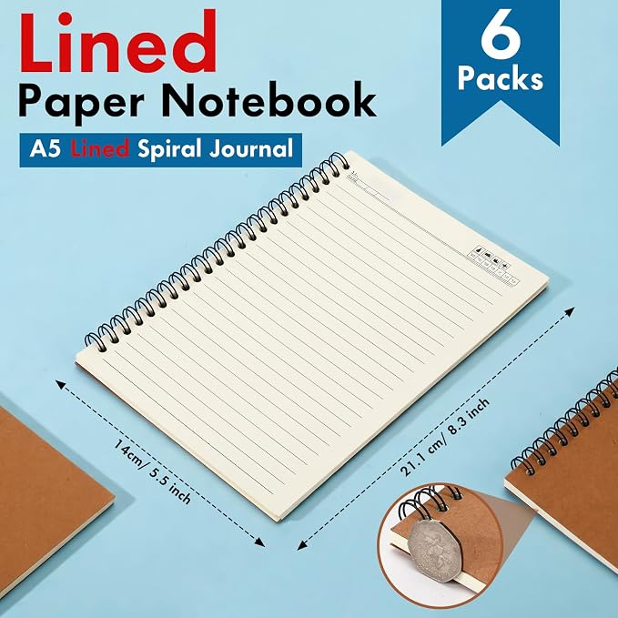 Epakh 6 Pack Spiral Notebooks A5 Bulk Back to School Hardcover Spiral Journal Notebook 5.5 x 8.3 Inch, First Day of School Journal Paper Notebook for Writing, 50 Sheets 100 Page (Lined,Brown)