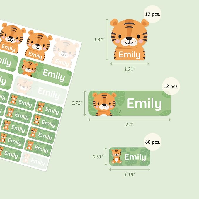 Personalized Daycare Name Labels (84) – Daycare Labels & Name Stickers for Kids – Labels for Kids Stuff Daycare – Waterproof for Baby Bottles, Clothing & Lunch Boxes - Tiger
