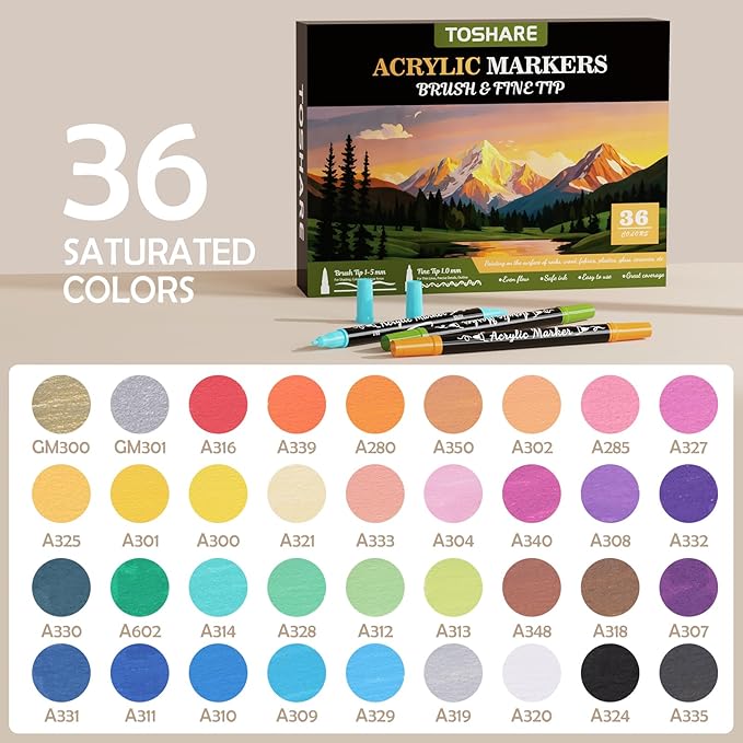 TOSHARE 36 Colors Acrylic Paint Markers, Brush & Fine Dual Tip Acrylic Paint Pens for Rock, Wood, Paper, Fabric, Canvas, Glass, Ceramic, Egg, Scrapbook and DIY Crafts Supplies Art Gifts