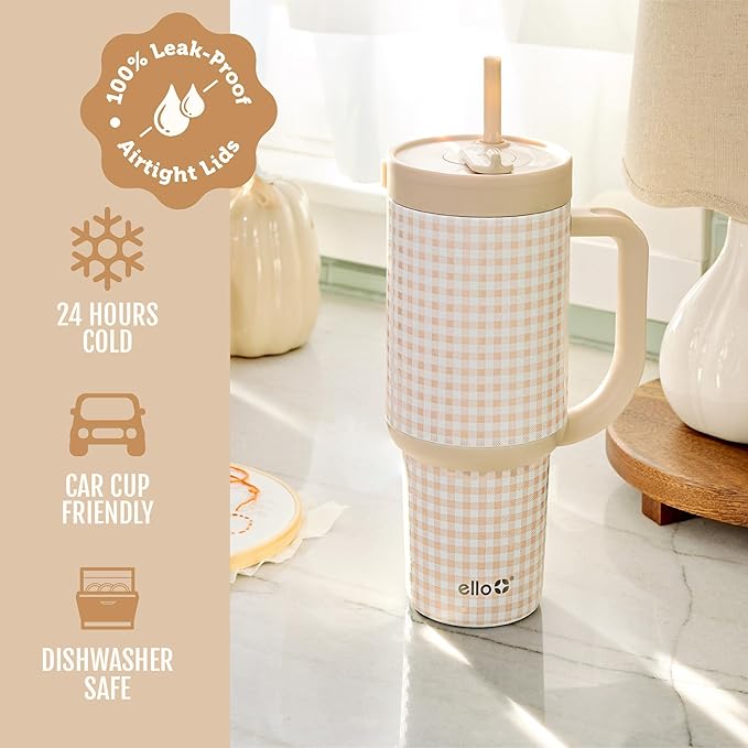 Ello Oasis 40oz Tumbler with Handle & Retracting Straw | Reusable Insulated Stainless Steel Cup 100% Leakproof | Gifts for Teens Women | Keeps Cold for 24 Hours | Cup Holder Friendly | Beige Gingham