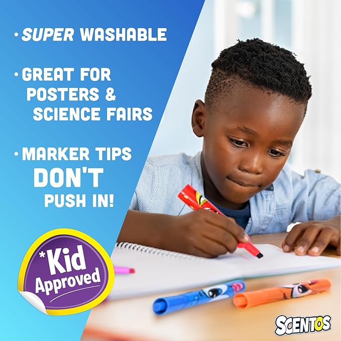 Scentos Scented Chisel Tip Markers 12 Pack, With Fruit Scent, 12 Assorted Colors, Different Fruity Each, Washable Markers, Marker for Kids, for Posters and Science Fairs, Super Washable Ink.