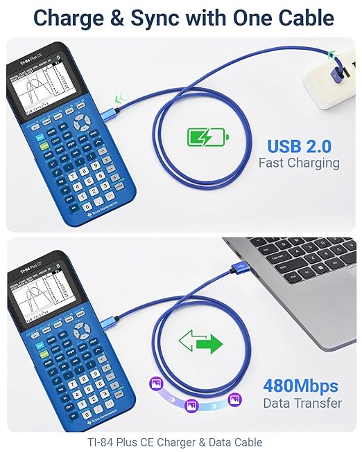 Mini USB Charger Cable for Texas Instruments Calculators, TI-84 Plus CE, TI-84 Plus C Silver Edition, TI-Nspire CX CAS, USB Charging & Data Sync, Nylon Braided 3.3FT (Blue)