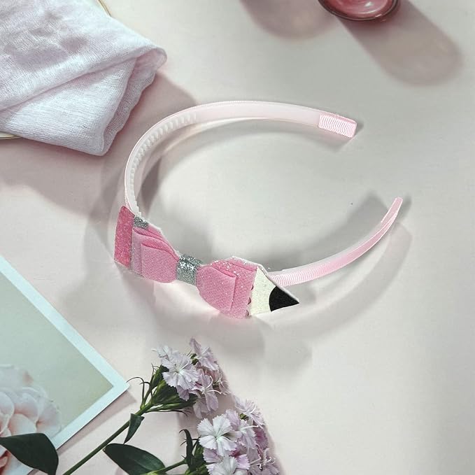 Back to School Headband Pencil Bow Hair Band Sparkly Pink Glitter Headbands Cute Preppy Hair Accessories for Student Teacher Gifts, School Classroom Party Supplies