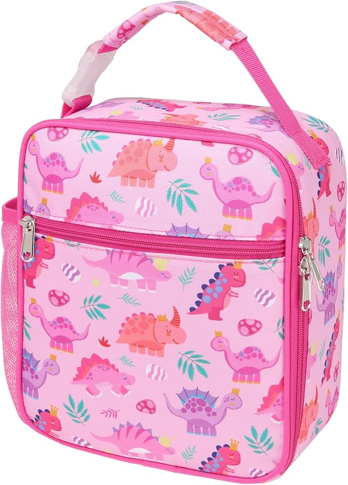 Bagseri Kids Lunch Box for Girls - Insulated Toddler Lunch Bag Fits Bento Box, Reusable Daycare Cooler Tote with Clip Handle, Water-Resistant Lining, Pink Dinosaur