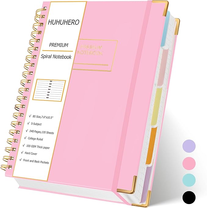 Huhuhero 5 Subject Notebook with Dividers, 240 Pages Pink Spiral Journal College Ruled, B5 Aesthetic Writing Journals for Women, Hardcover Notebooks for Work Note Taking, College Essentials