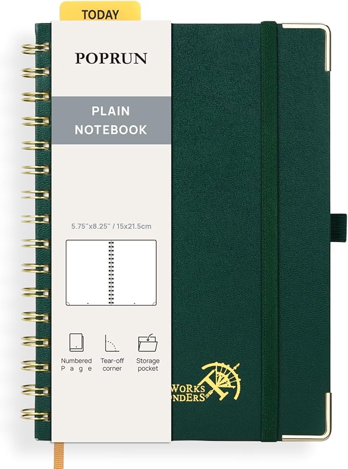 POPRUN Blank Spiral Journal Notebook, A5 Hardcover Sketch Books, 141 Pages Unlined Journals for Women Men, 120 GSM Plain Notebooks for Sketching, Drawing, Painting, 5.75'' x 8.25'', Dark Green