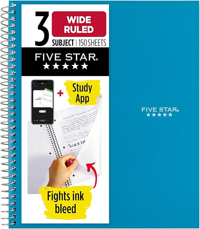 Five Star Spiral Notebook, 3 Subject, Wide Ruled | 8" x 10-1/2" | 150 Sheets | Water Resistant | Tidewater Blue | Pack of 6