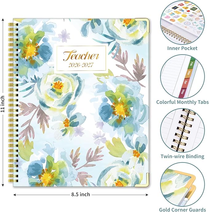 Teacher Planner 2026-2027, July 2026 to June 2027 Academic Year, 8.5" x 11" Lesson Planner Book for Teachers with Colorful Tabs, Teacher Calendar for Classroom or Homeschool, Hardcover, Blue